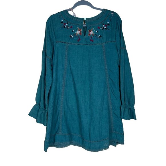 UMGEE Women size Large NWT Teal Embroidered Tunic/Dress Top Floral Bohemian - Picture 2 of 7